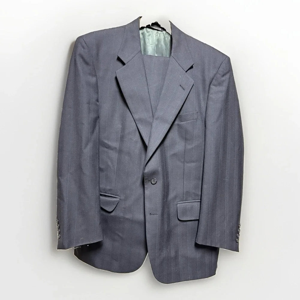 Vintage Burberrys Mens Dark Blue Striped Wool Suit Blazer 36x28 Pants